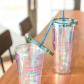 Laser paper printed double plastic cup magic color cup with lid and straw